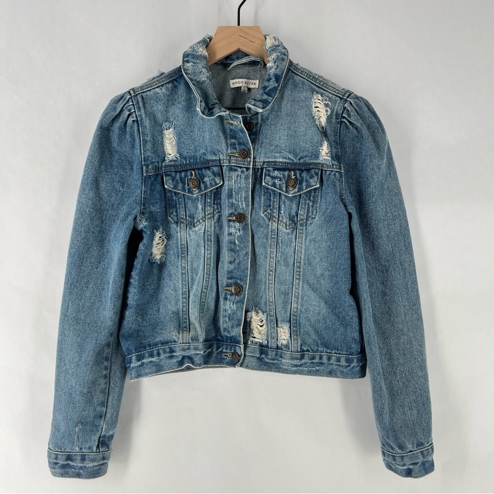 Moon River Light Blue Denim‎ Ripped Distressed Puff Shoulder Jean Jacket Size S - Picture 2 of 16